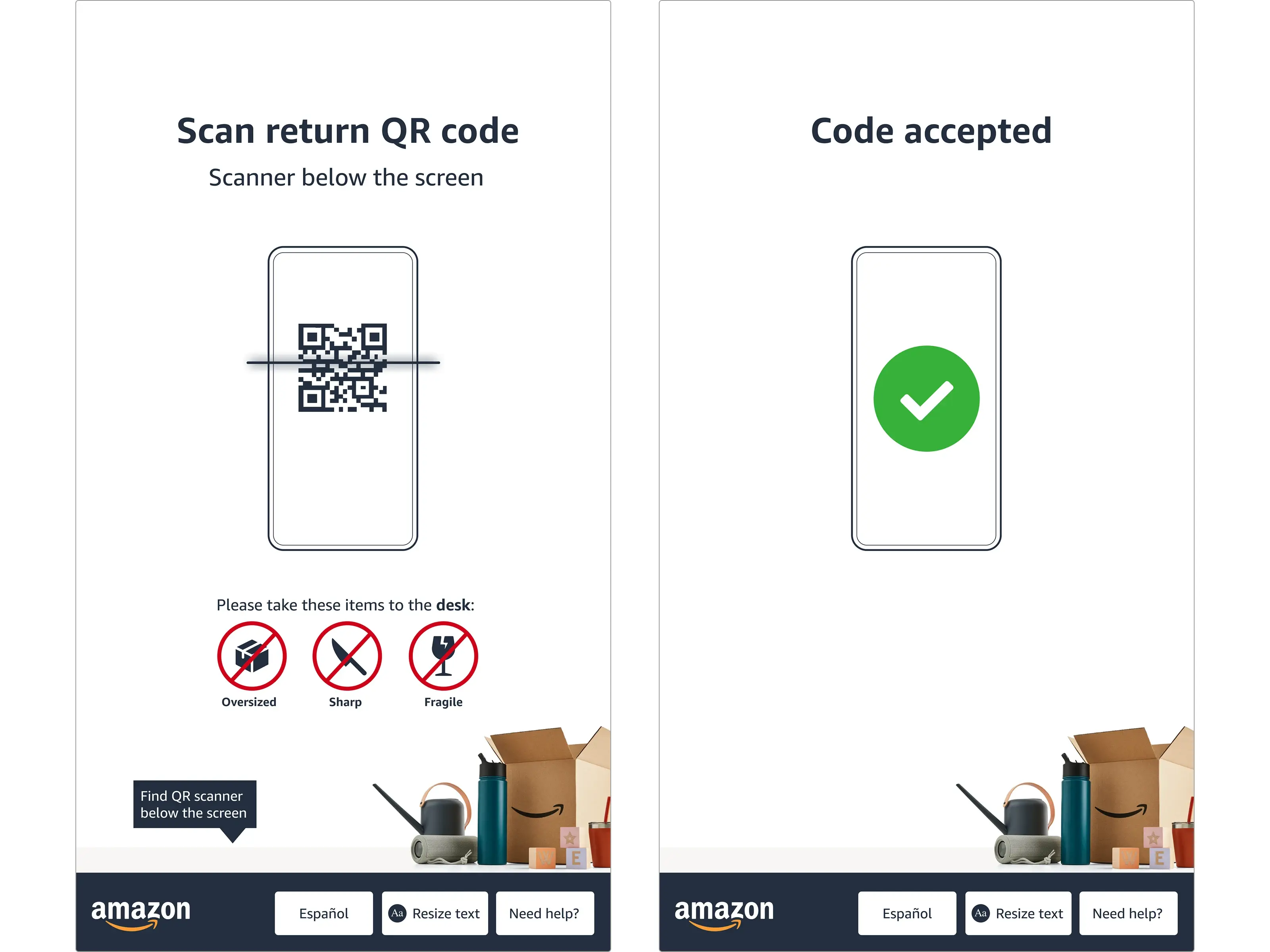 Amazon returns kiosk scan return QR code screen