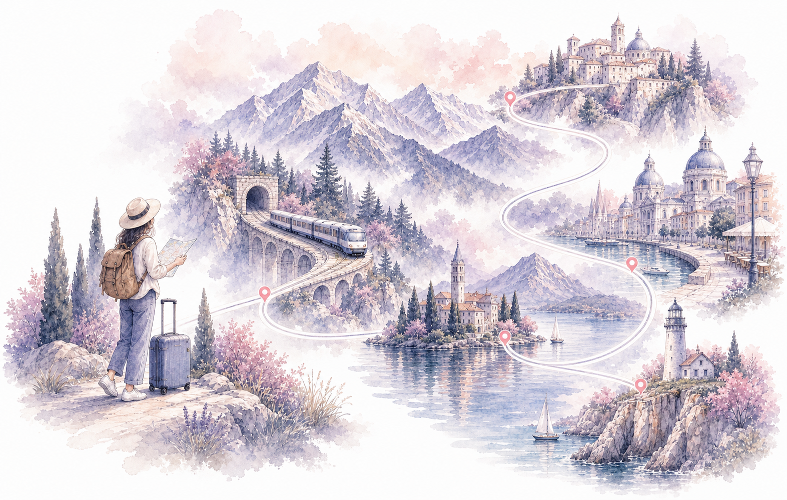An illustrated traveller following a connected multi-stop route through mountains, rail journeys and coastal destinations.