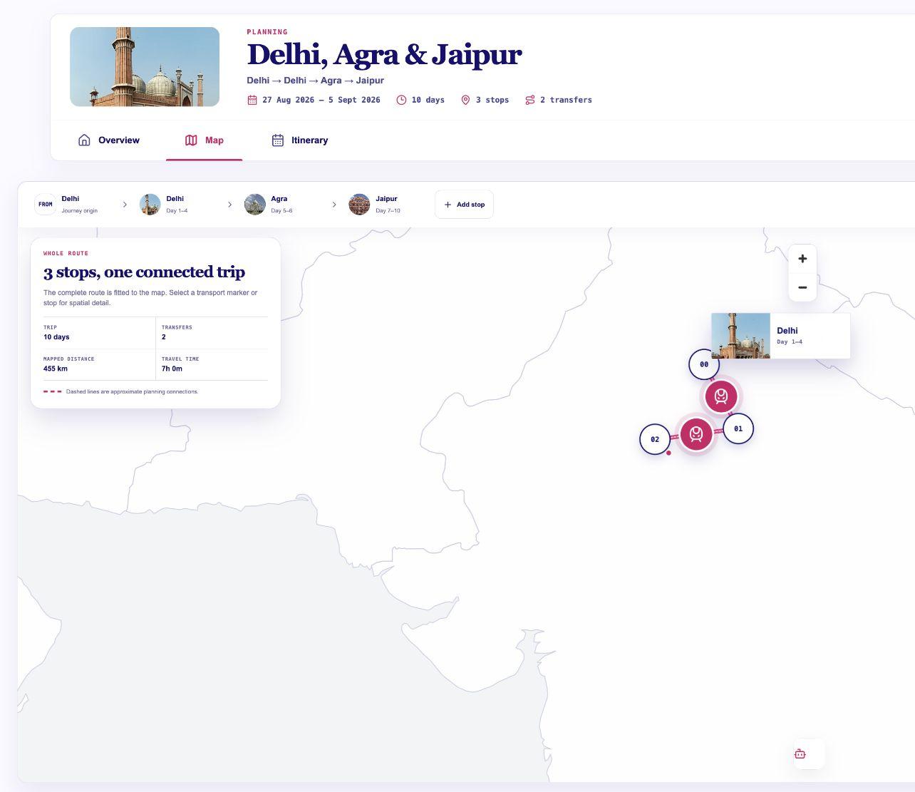 The current Morrovia Map workspace showing a connected route through Delhi, Agra and Jaipur.