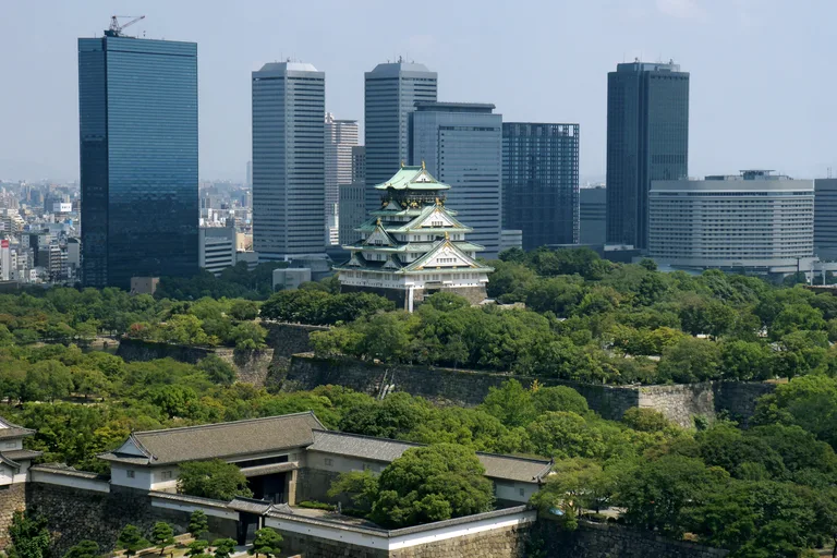 Osaka Castle and city buildings, Japan