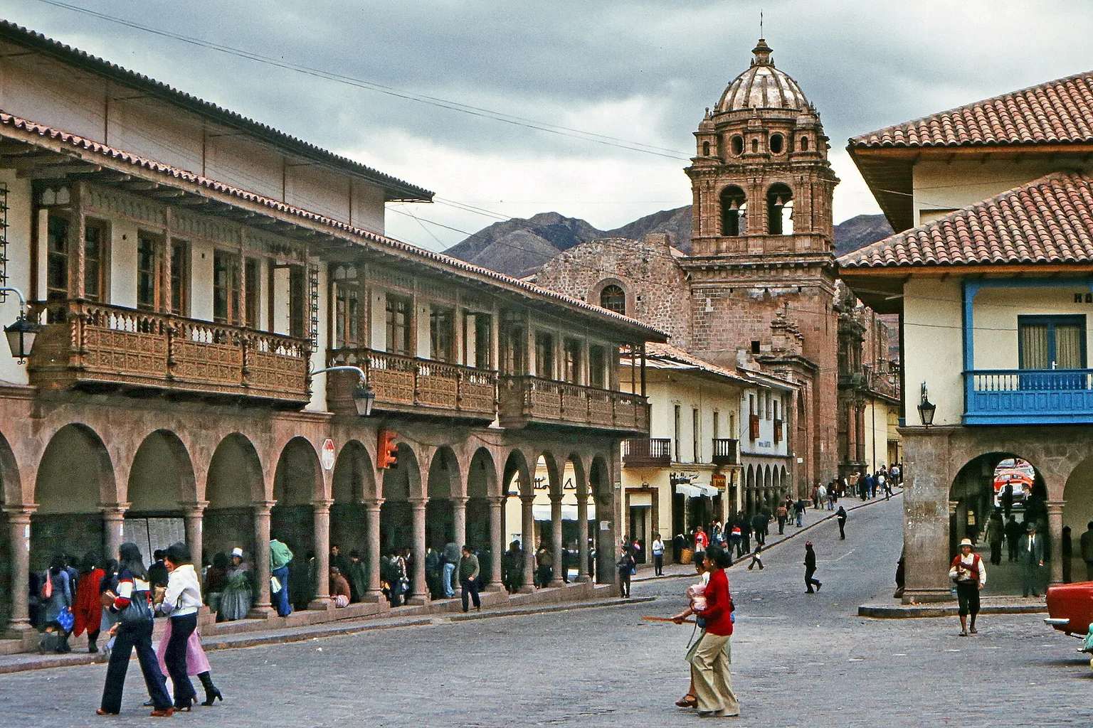 Plaza de Armas and surrounding mountains in Cusco, Peru