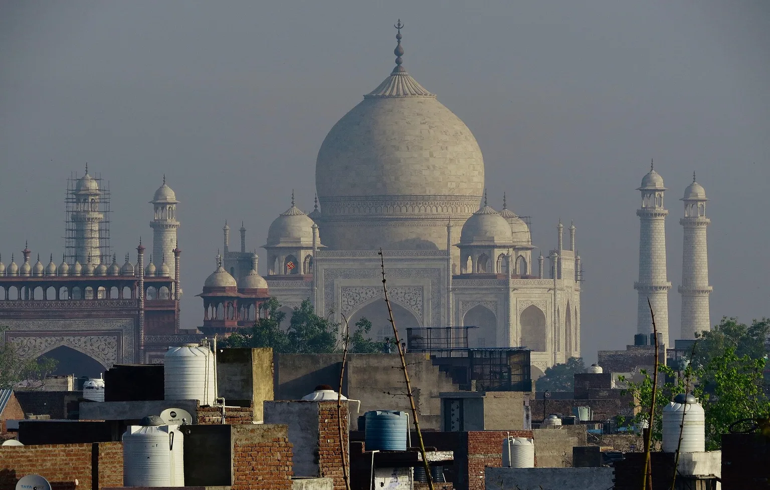 The Taj Mahal seen across the Yamuna River in Agra, India