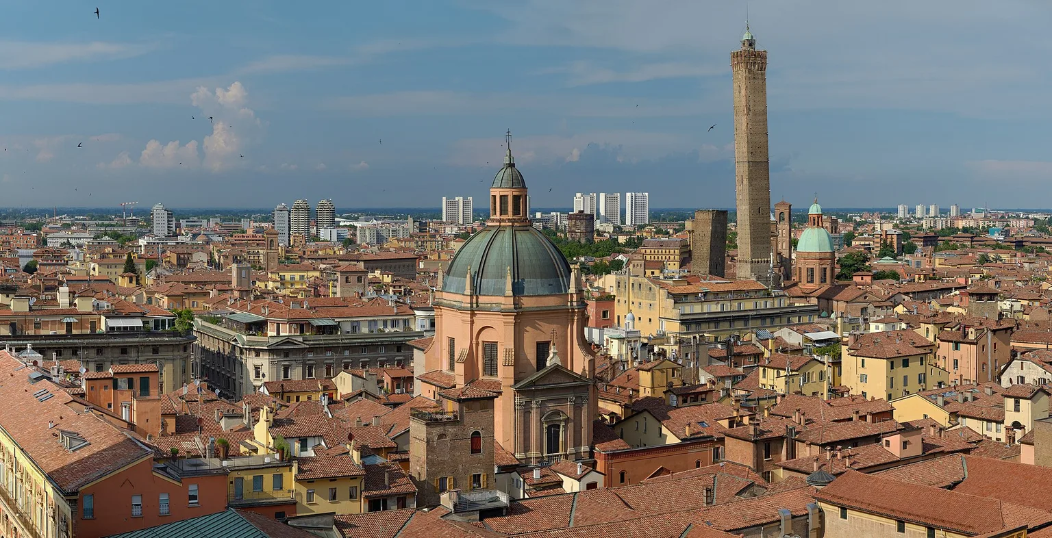 Rooftops and towers across Bologna, Italy