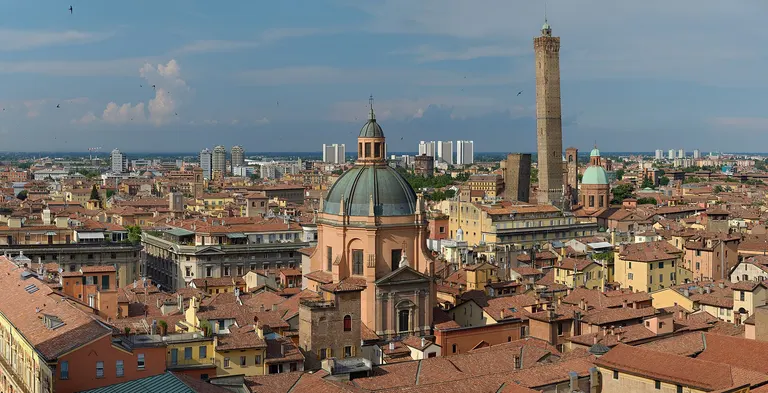 Rooftops and towers across Bologna, Italy
