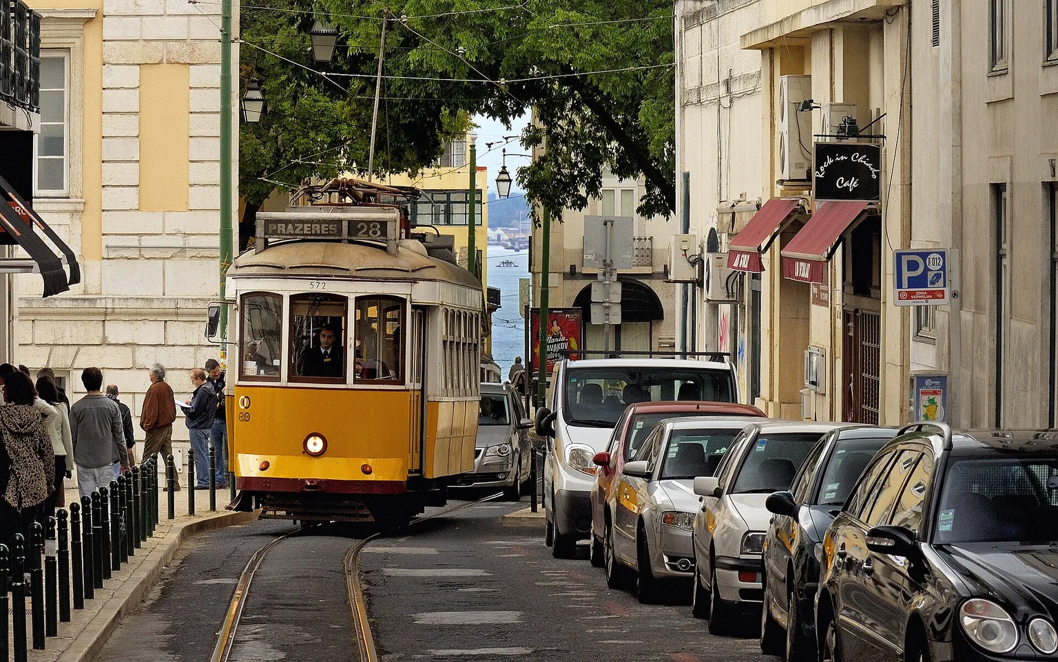 Tram 28 on a Lisbon street in Portugal