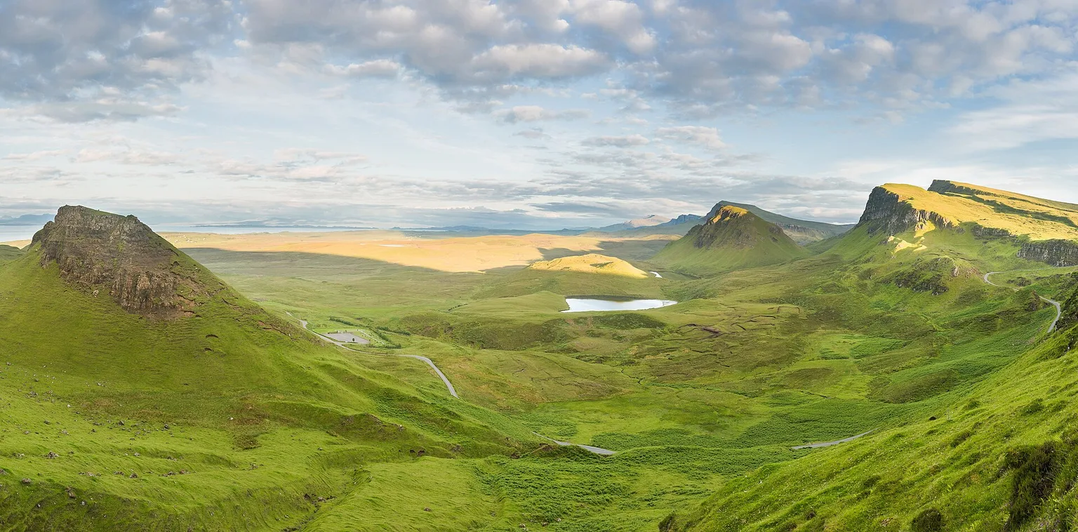 The green Quiraing landscape on the Isle of Skye, Scotland