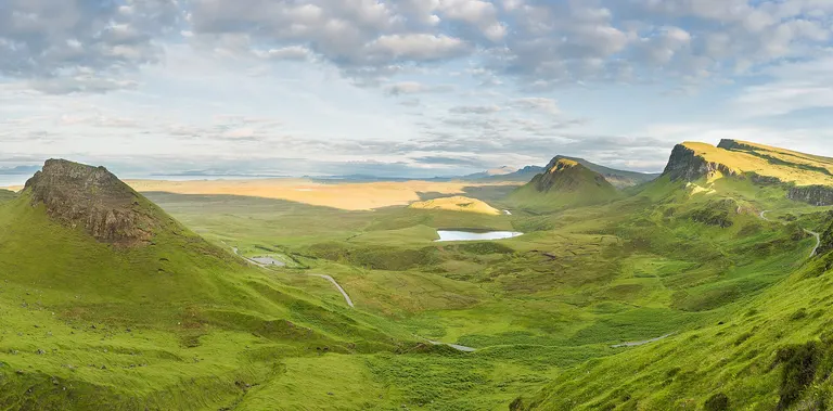 The green Quiraing landscape on the Isle of Skye, Scotland